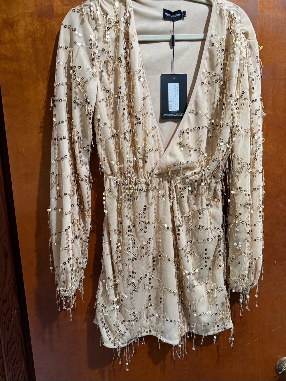 PrettyLittleThing | Dresses | Prettylittlething Champagne Sequin Fringe Long Sleeve Mini Dress